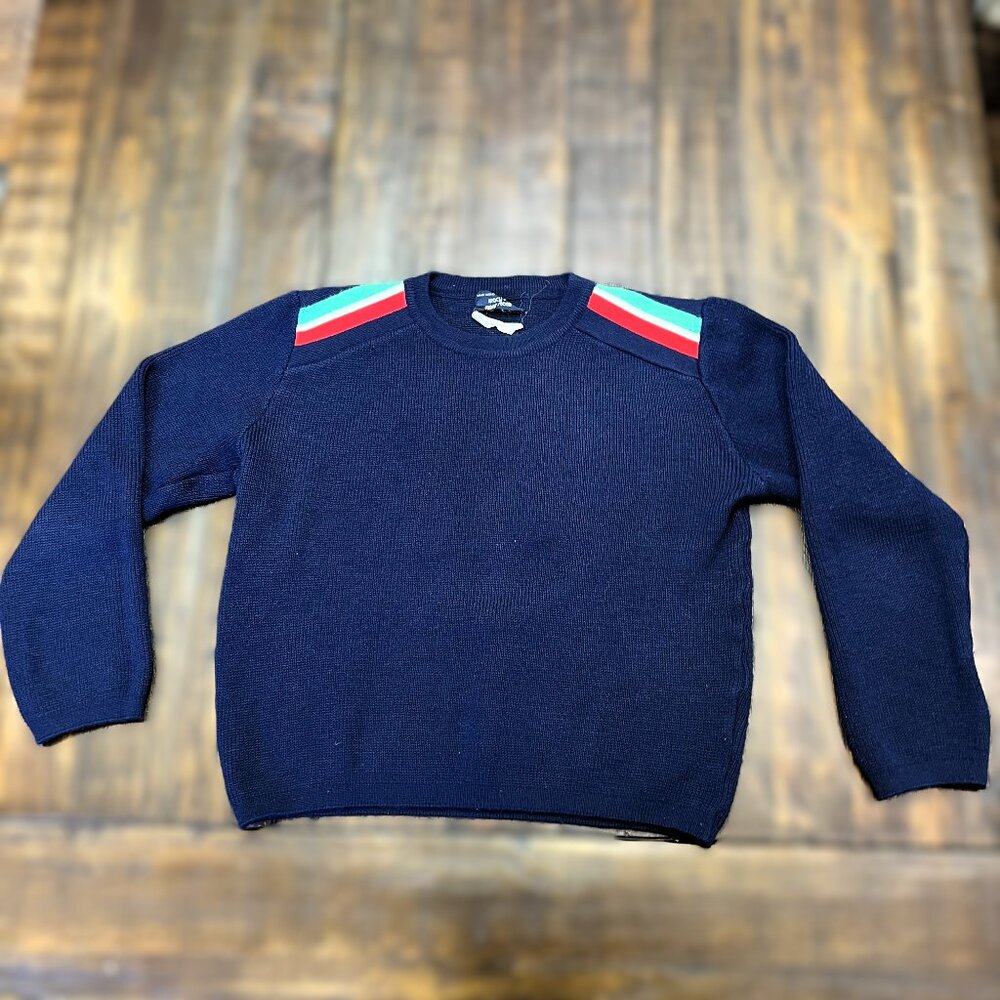 Macy's Vintage Small XS Wool Blend Stripes Shoulder Crew Neck Blue Sweater Italy